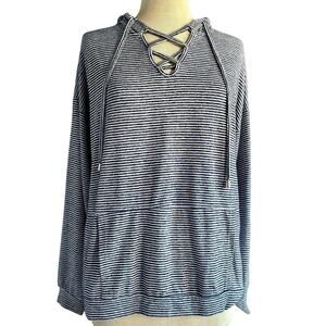 Womens Hoodie Shirt Size Large Blue Stripes Lightweight Packable Travel Hiking